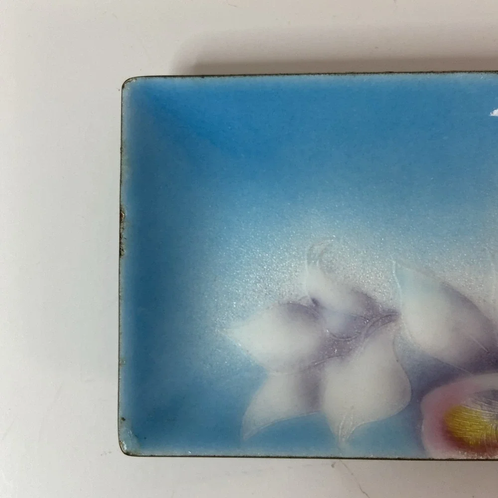 Vintage Japanese Tutanka Orchid Floral Enamel Cloisonne Trinket Tray 9.25x3.25